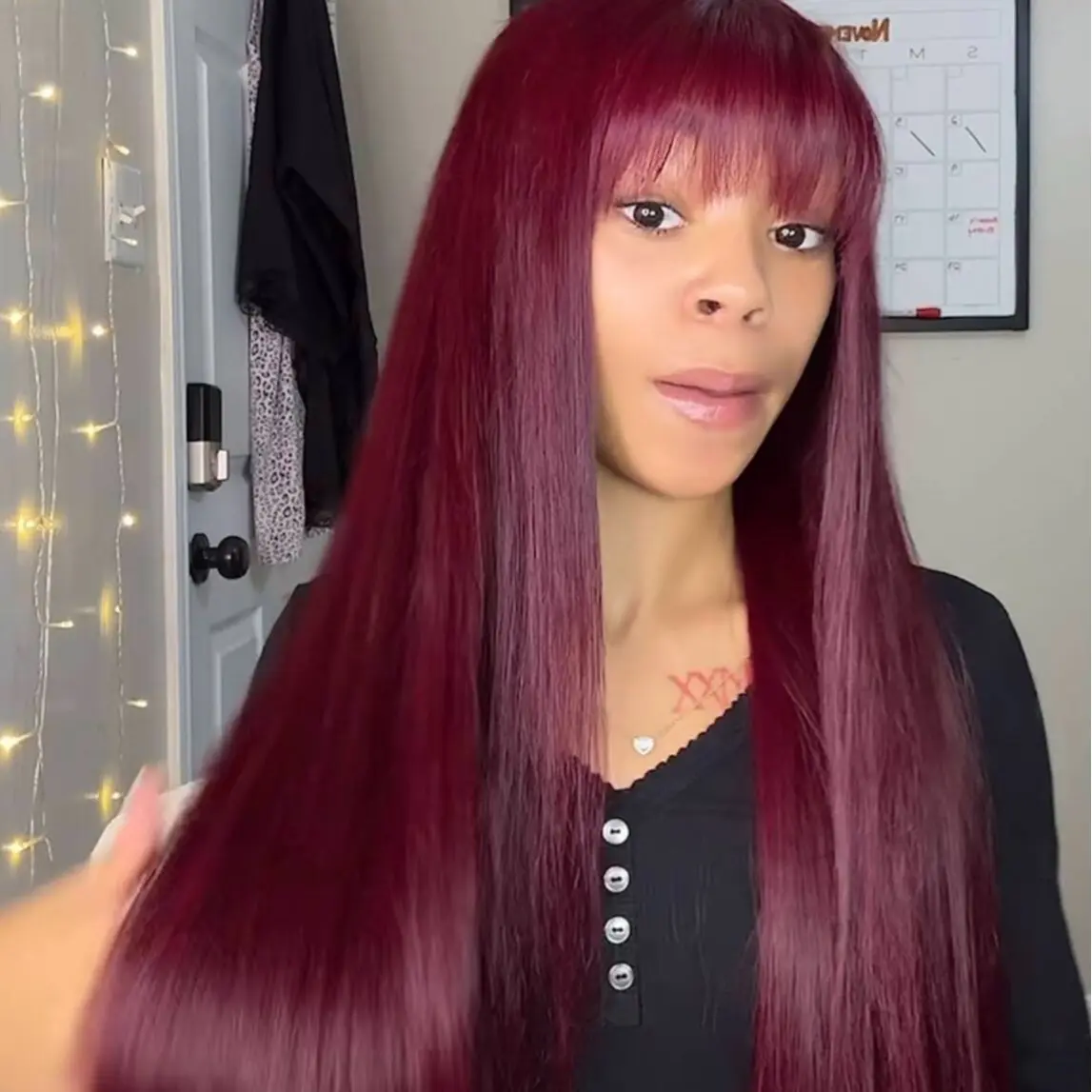 New Menglle Hair 99j Long Straight With Bangs Glueless Human Hair 13X4 Lace Front Wig Burgundy Silky Straight Lace Wig Easy Wear 180% Density Red Wine Color#tiktokshopbacktoschool