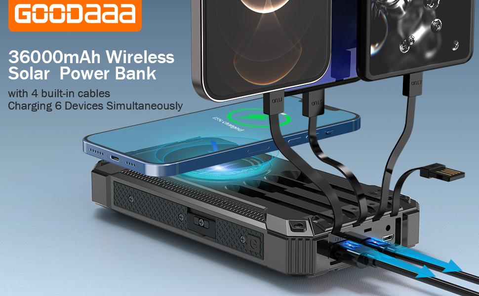 GNC W22 Solar Power Bank: 15W fast charging, 4 built-in cables, 6 outputs, 3 inputs, solar charging, dual flashlights, carabiner, fits all devices.