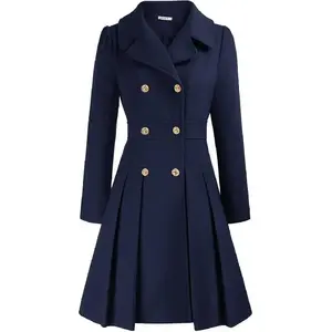 2025 Women's Fashion Trench Coat Notch Lapel Double Breasted Thick A Line Pea Coats Jacket with Pockets(S-2XL)