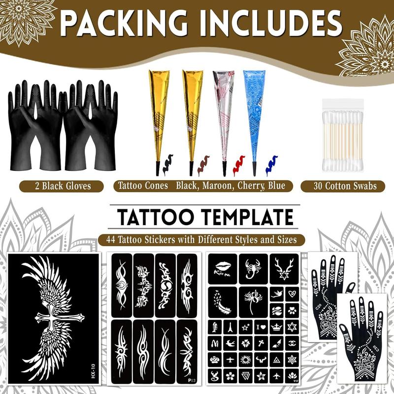 Temporary Tattoo Stencil Kit, 4 Pcs Tattoo Cones 4 Color (Black/Maroon/Cherry Red/Blue) 44 Tattoos Templates and Cotton Swabs, DIY Body Art Skin Painting Designs for Women Men Adult Girl Gifts Temporary Tattoo Stencil Kit, 4 Pcs Tattoo Cones 4 Color (Black/Maroon/Cherry Red/Blue) 44 Tattoos Templates and Cotton Swabs, DIY Body Art Skin Painting Designs for Women Men Adult Girl Gifts