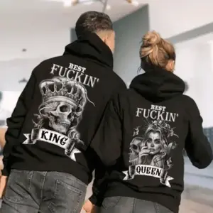 Best Skull Crown King And Queen Couple Matching Graphic Hoodie Casual Streetwear Fleece Fabric Pullover Hooded Sweatshirt Trendy Tops for Women for Men Perfect Valentine’s & Anniversary Gift