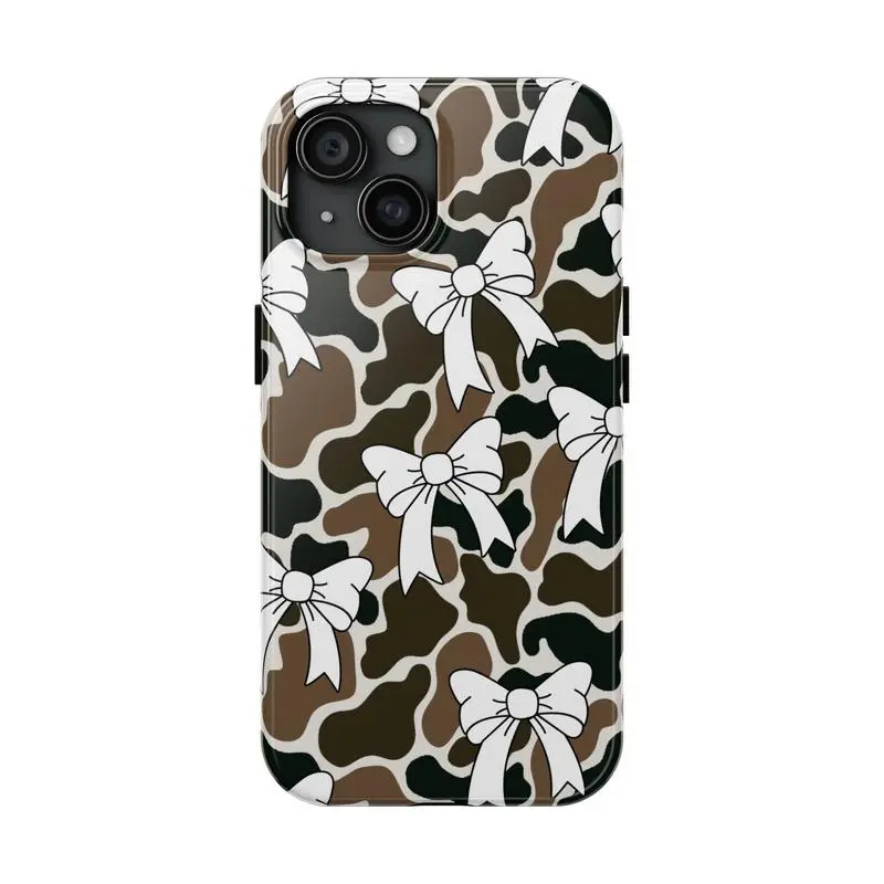 Girly Bow Tie-Old School Monogram Camo Customized Glossy Phone Casing with Screen Protector, Precise Cut, Protection for iPhone 17,16,15,14,13,12,11 Pro Max,X,XR,XS Max,8,7 Plus & Samsung Galaxy S25,S24 Ultra, Smartphone Accessory