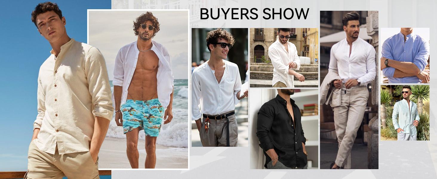COOFANDY Men's Shirt Long Sleeve Linen Shirt Band Collar Button Down Shirts Oxford Dress Shirt