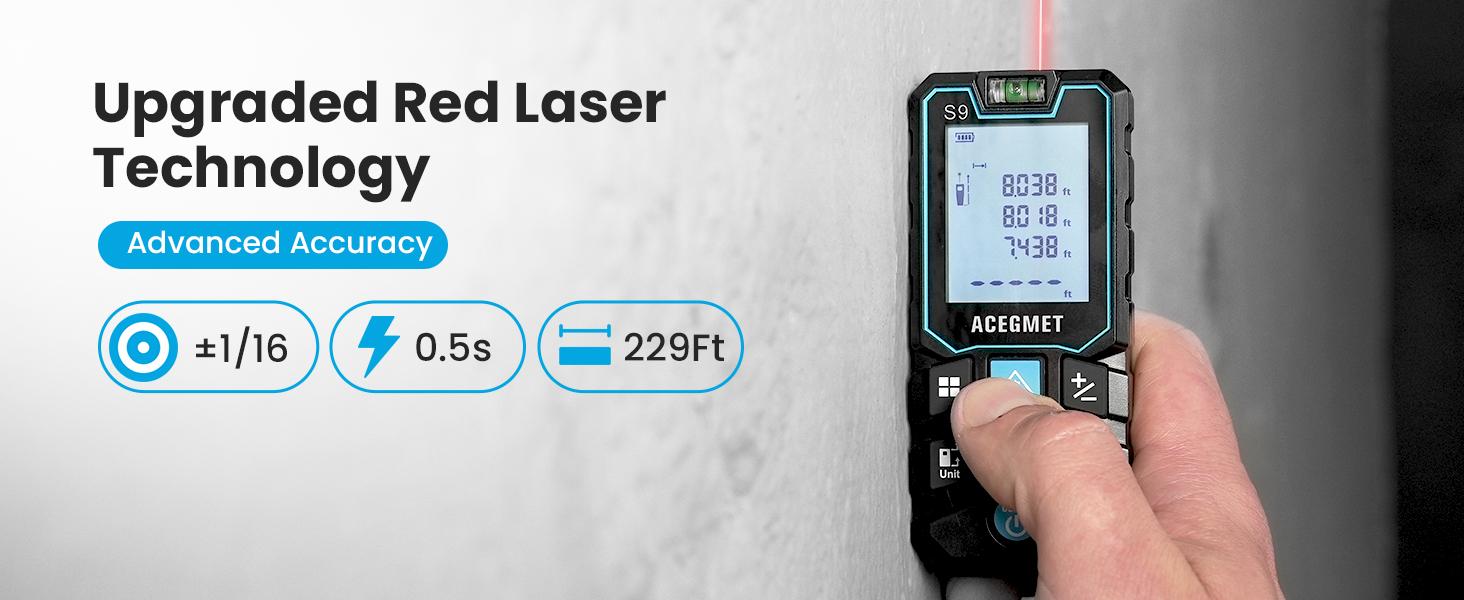 ACEGMET Laser Measure S9 , 229ft Laser Measurement Tool, Room Laser Measuring Tool with 2 Bubble Levels, LCD Backlit Display, IP54 Waterproof, Pythagorean Mode for Distance, Area, Volume,for Men gift  TikTokShopHolidayHaul