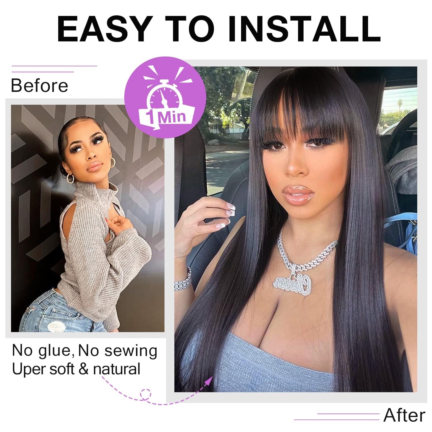 [New In Upgrade With Drawstring] Mamushow Straight Wigs with Bangs Human Hair 2x4 Lace Wig with Drawstring 180% Density Middle Part for Black Women Glueless Machine Made Wigs