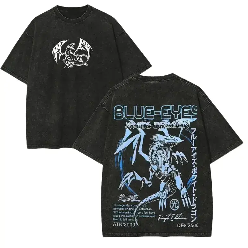 Retro Snow Washed Yu-Gi-Oh! Blue-Eyes White Dragon Manga Graphic Oversized T-Shirt,Premium Heavyweight Cotton Casual Streetwear Short Sleeve Tee,Y2K Aesthetic Soft Breathable Unisex Apparel,Trendy Daily Wear For Card Game Anime Enthusiasts