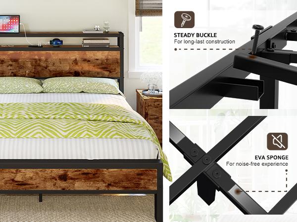 AMERLIFE Rustic Full /Queen/King Size Bed Frame, Industrial Metal Bed Frame with 2-Tier Storage Headboard and Charging Station, No Box Spring Needed/No Mattress/Small Unique House Furniture Room AMERLIFE Rustic Full /Queen/King Size Bed Frame, Industrial Metal Bed Frame with 2-Tier Storage Headboard and Charging Station, No Box Spring Needed/No Mattress/Small Unique House Furniture Room