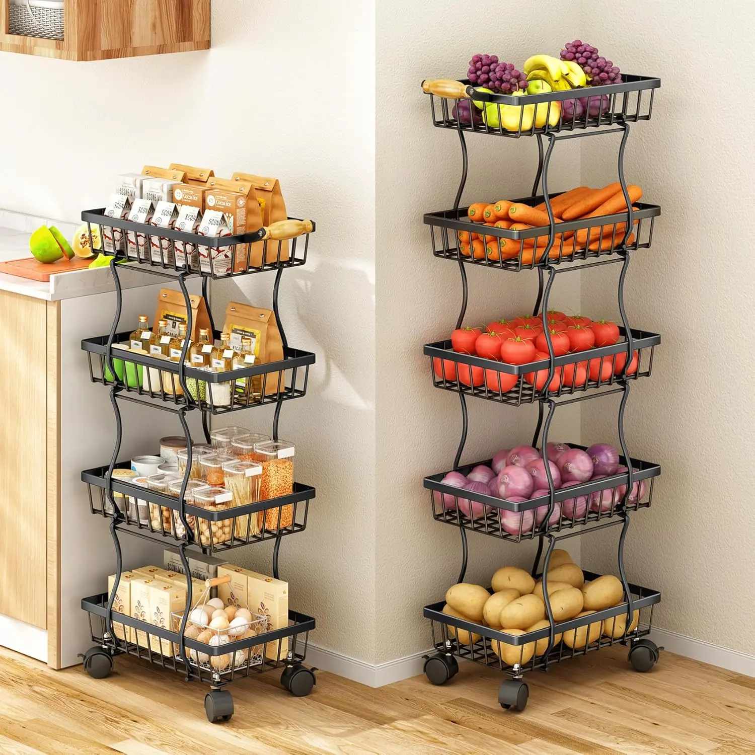 Black Stackable Metal Wire Fruit Basket Organiser - 4/5 Layers Multi-Shelf Organizer Utility Cart, Home Organizer Storage Rack for Fruits, Vegetables, Snacks, Multi-Shelf Organizer Utility Carts