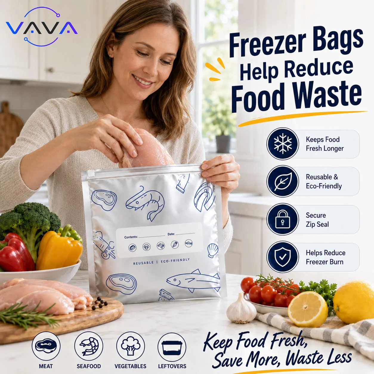 30 PCS Reusable Aluminum Foil Zipper Bags - 3 Sizes Freezer Safe Waterproof Food Storage Bags | Airtight Seal Containers for Meat, Vegetables, Snacks & Kitchen Organization