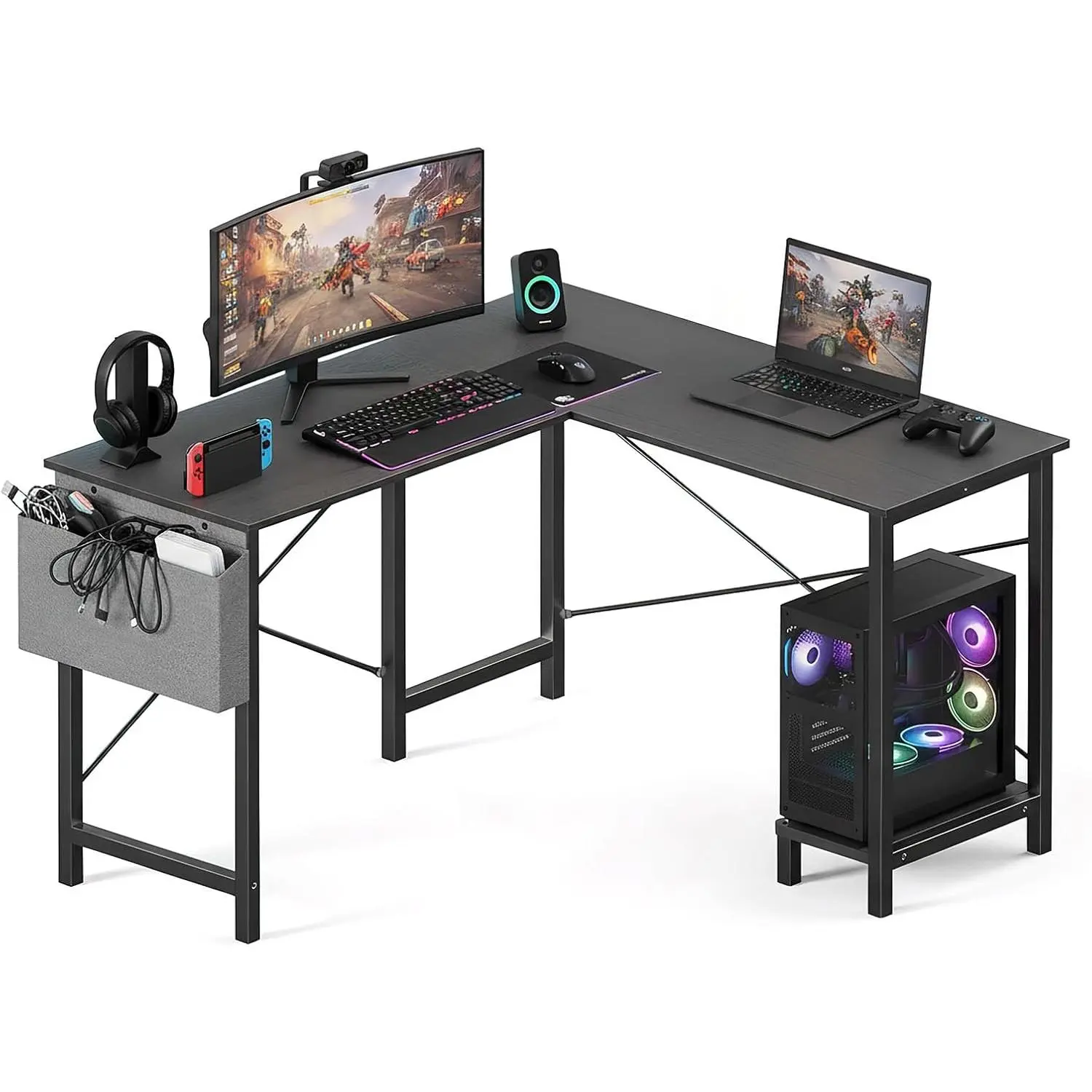 L Shaped Computer Desk,With Reversible CPU Stand And Side Storage Bag, Spacious Workspace For Multiple Monitors, Sturdy Metal Frame With Waterproof Desktop, Easy Assembly For Home Office And Gaming Room