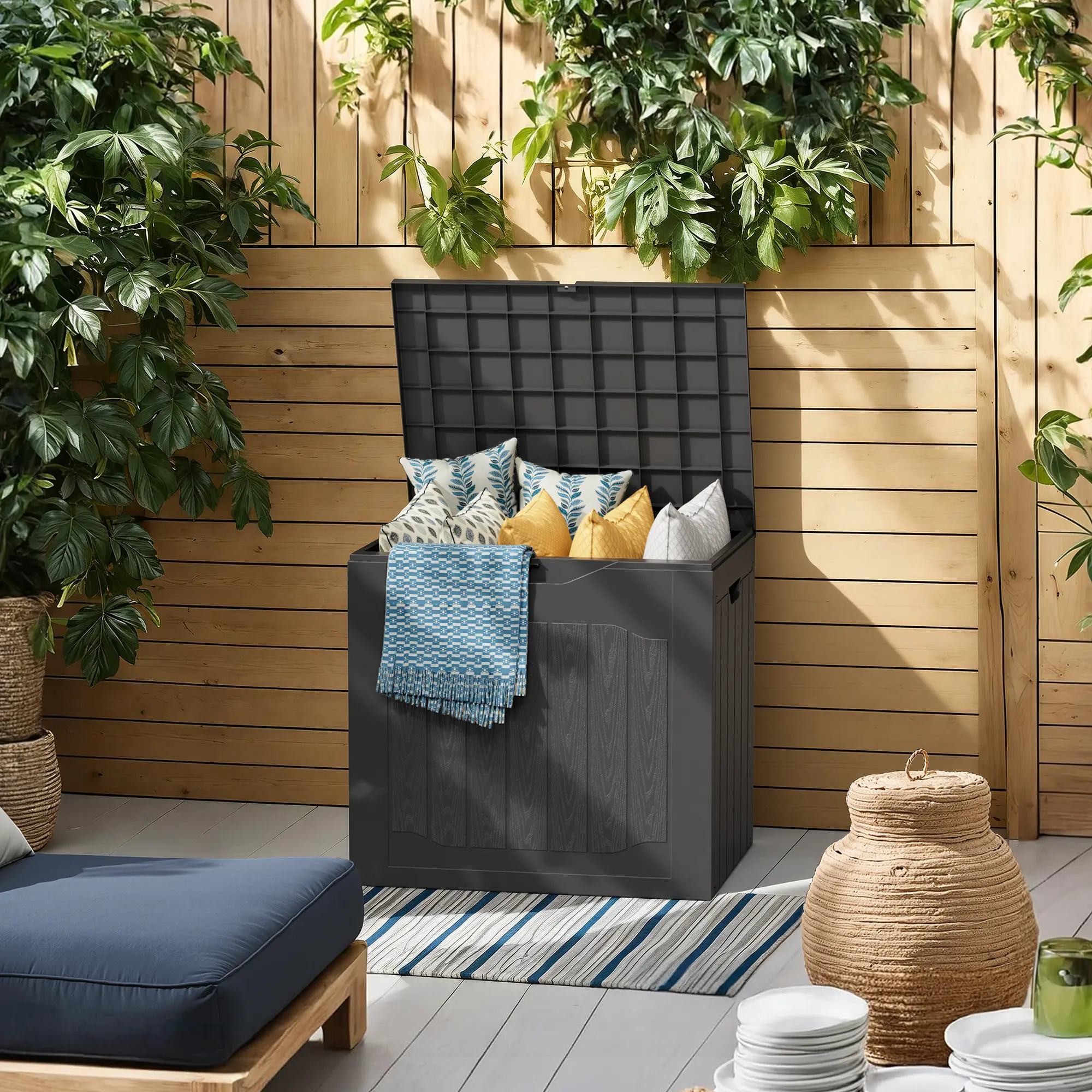 INTERGREAT Outdoor Storage Box 35 Gallon Patio Deck Box with Handles, Patio Storage Deck Boxes Garden Resin Deck Storage Container Lockable Storage Box (Black&BROWN) #Summervibes