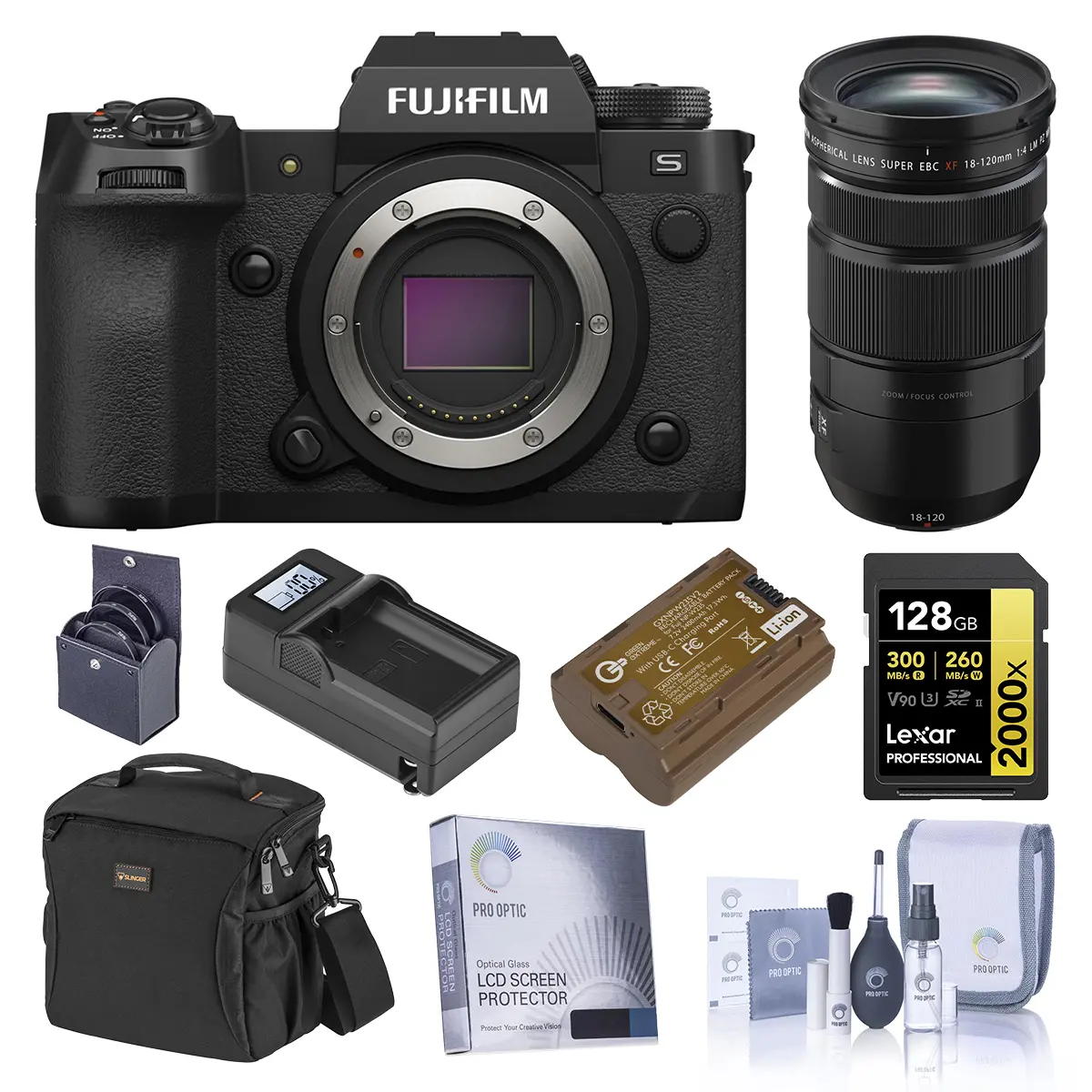 Fujifilm X-H2S Stacked BSI Li-ion Dual Mirrorless Camera with XF 18-120mm f/4 LM PZ WR Lens (Black) - Bundle with 128GB Memory Card, Shoulder Bag, Extra Battery, Charger, Screen Protector, 72mm Filter Kit, Cleaning Kit, Wi-Fi/LAN, Electronic Vf
