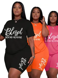 Ladies casual short-sleeved shorts two-piece set, BLESSED BEYOND MEASURE lettered print
