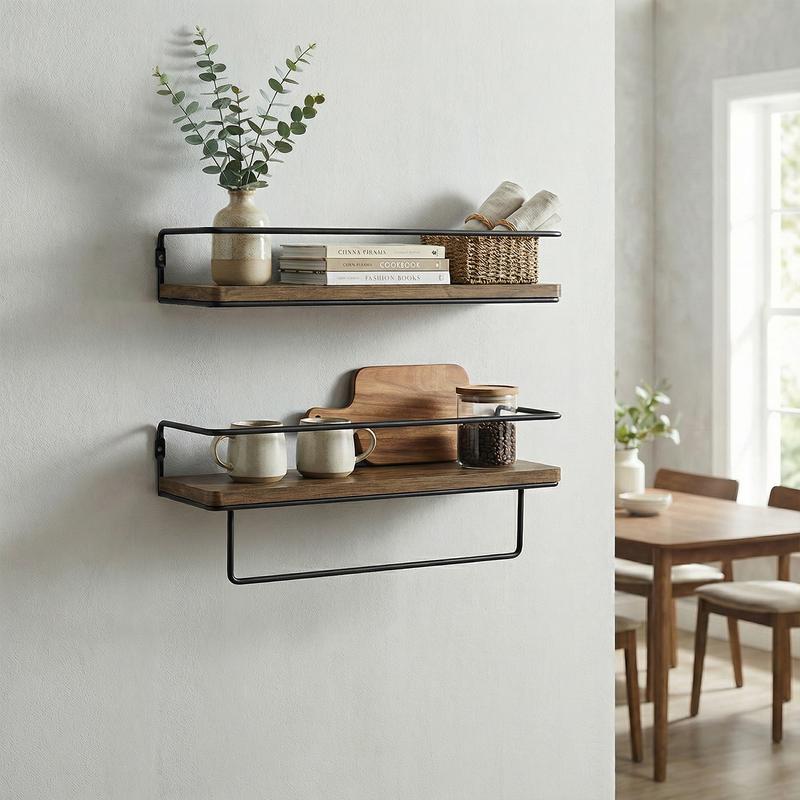 Spaco 15.7'' Floating Shelves - Set of 2, Wall Mounted Hanging Shelves with Black Towel Rack, Decorative Storage Shelves for Bathroom, Kitchen, Living Room & Bedroom