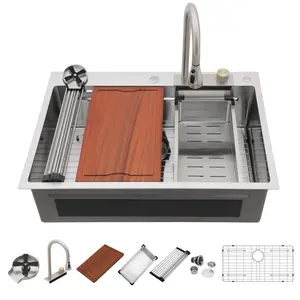 Dcolora 33x22 Waterfall Kitchen Sink Smart Workstation Sink with Faucet Combo 304 Stainlee Steel 16 Gauge Drop In Single Bowl Multifunctional Top Mount Sink #DC-FY0001, 33 inch Brushed Nickel