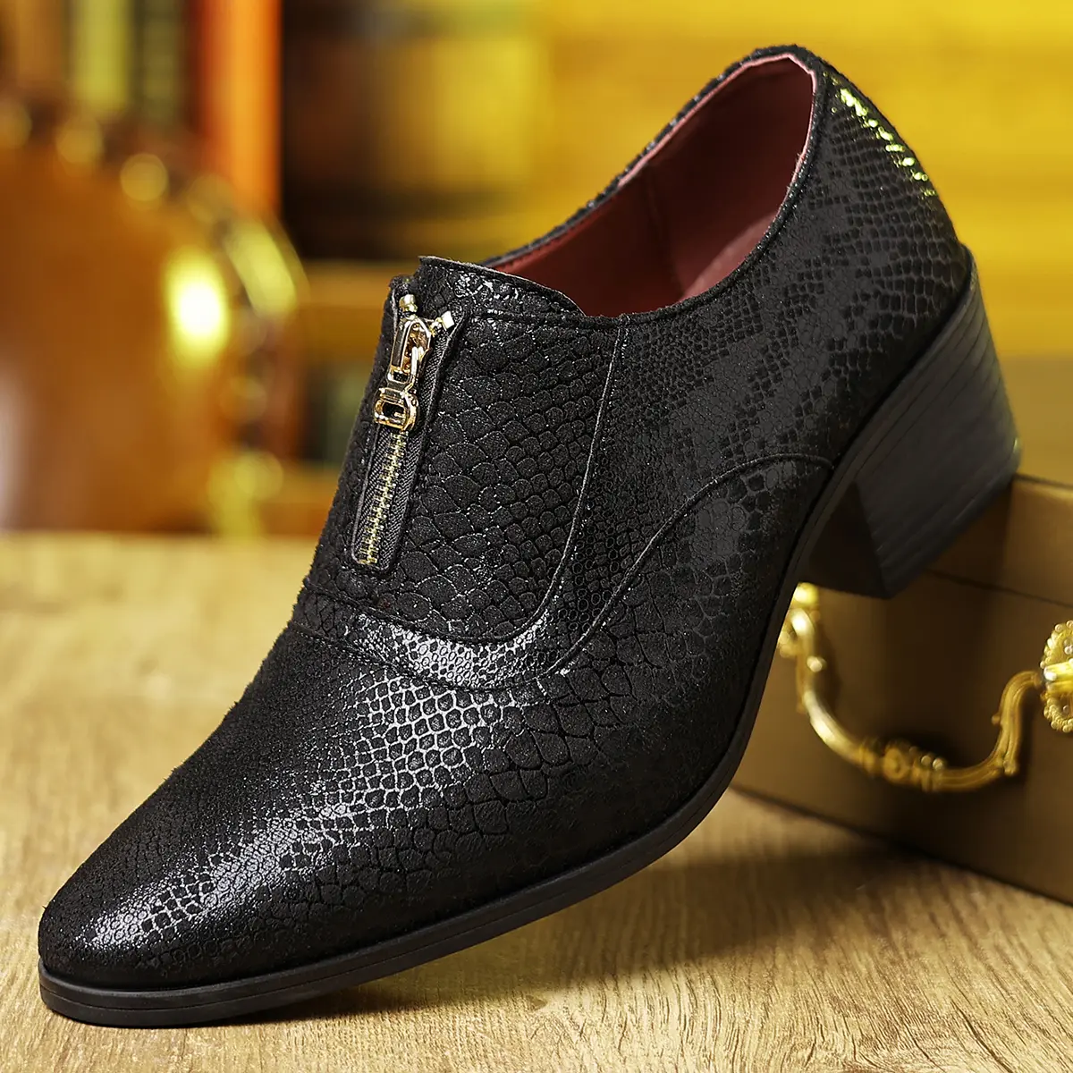 DINAOR Men's Retro Pointed Toe Boots in PU Leather, Slip-On Style with Elastic Laces, Kitten Heel, and Waterproof Sole for Casual Wear, Rubber, Polyurethane