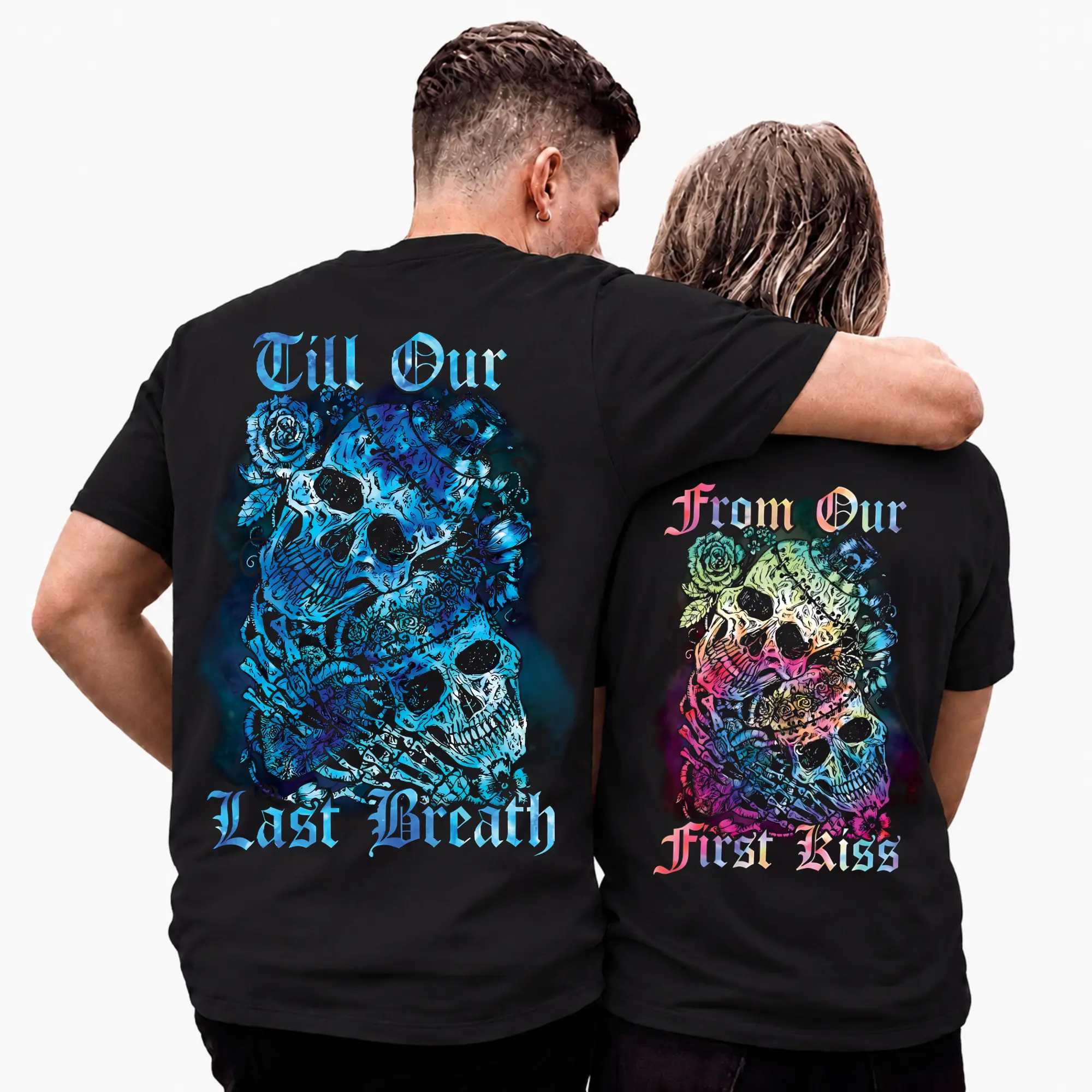 Skull Couple – From Our First Kiss Till Our Last Breath Matching Couple Apparel, Graphic T-Shirt Sweatshirt Hoodie for Women and Men, Perfect Gift