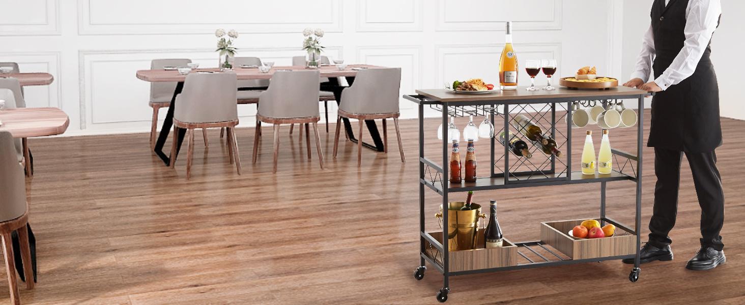 VEVOR 3-Tier Bar Serving Cart Rolling Trolley with Wine Grid Glass Holder 300LBS Organiser Racks