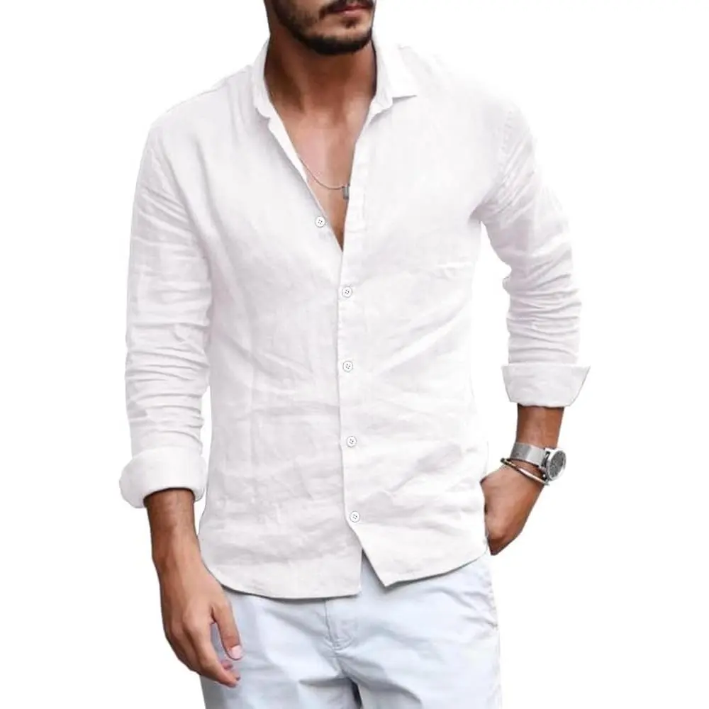 Runcati Menswear Button-Down Shirt - Linen-Cotton Fabric, Long-Sleeve Spread Collar, Fitted, V-Neck Alternative, All-Seasons Lightweight Casual Beach Plain Tops