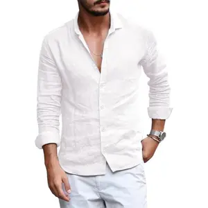 Runcati Menswear Button-Down Shirt - Linen-Cotton Fabric, Long-Sleeve Spread Collar, Fitted, V-Neck Alternative, All-Seasons Lightweight Casual Beach Plain Tops