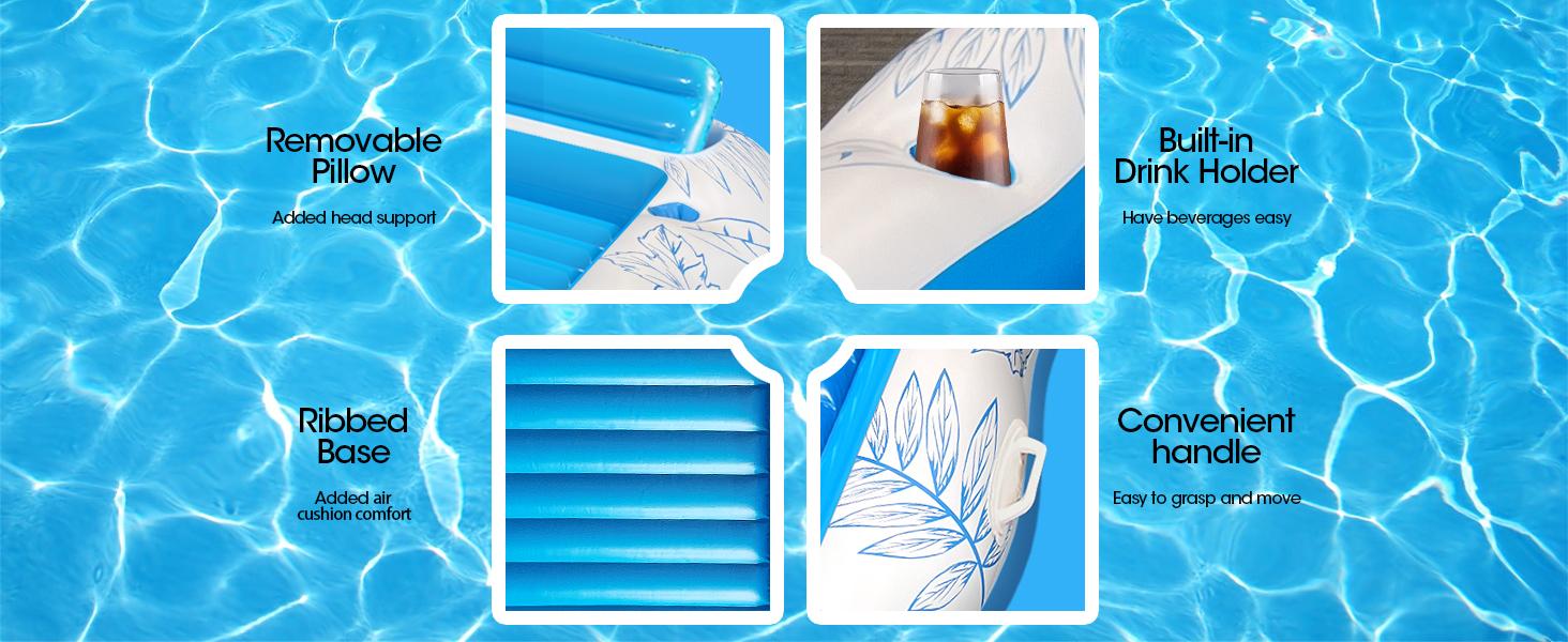 Inflatable Tanning Pool Lounger Float 4 in 1 Sun Tan Tub Sunbathing Pool Lounge Raft Water Filled Bed Mat Pad for Adult Blow Up