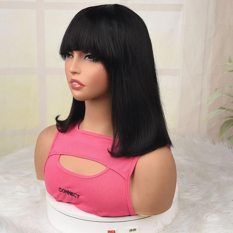 Glueless Straight Bob Wig Human Hair 4x1 Transparent Lace Natural Black for Women Bob Wig with Bangs Human Hair 180% Density Ready to Go Glueless Human Hair Wigs For Women