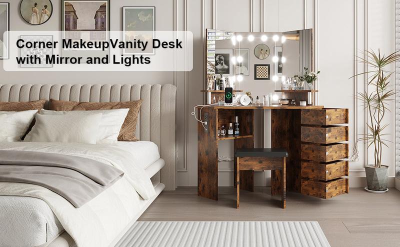 【Restock Sale】GARVEE Makeup Vanity Desk with Adjustable Lights, Power Outlet, and 5 Rotating Drawers - Stylish Corner Dressing Table with Shelves and Stool for Women and Girls, Perfect for Makeup and Beauty Routine.