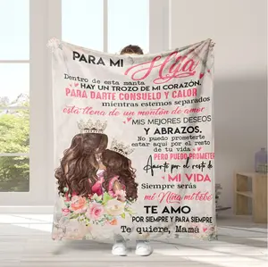 A heartfelt gift from a Spanish-speaking mom to her daughter: a soft and cozy birthday blanket featuring personalized birthday wishes for her little girl. Perfect for bedrooms, living rooms, sofas, camping, and more. An ideal gift for friends and family.