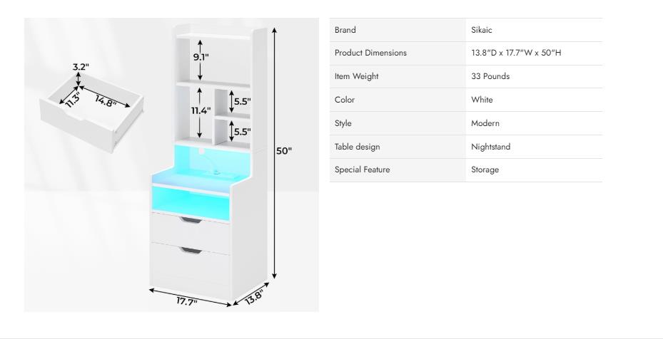 Sikaic LED Nightstand with Bookshelf Charging Station Table Multifunctional RGB Light Strips 2 USB Ports App Control Dynamic Modes Modern Side End Table