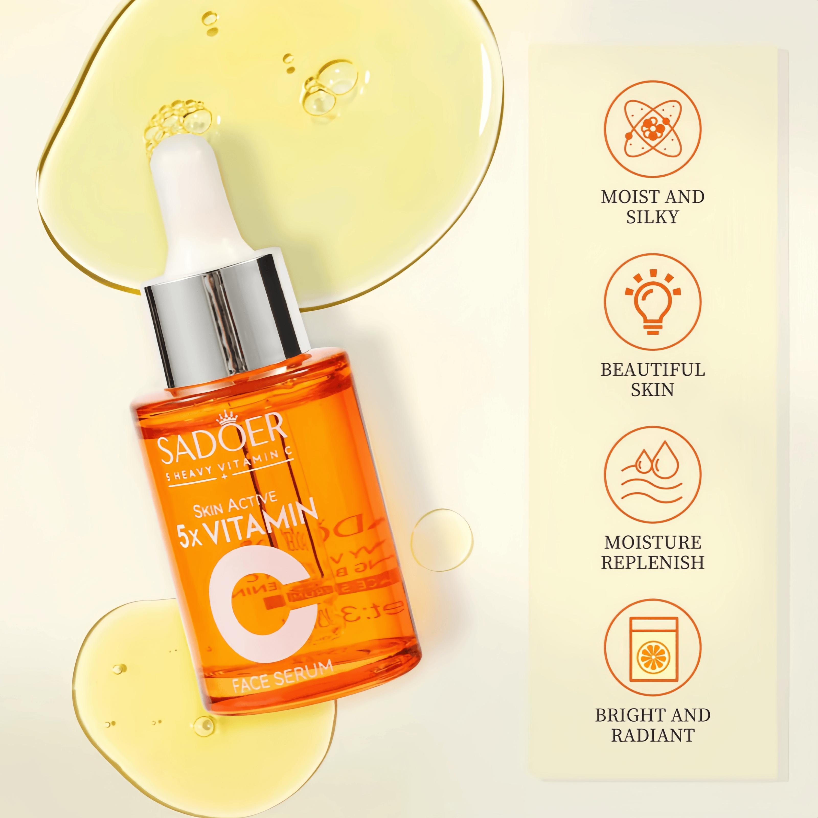 【BUY 1 GET 2 FREE】5X Vitamin C Face Serum, 5 in 1 Active VC+,Skincare for Brightening, Moisturizing, Pore Care-Hydration & Nourishing Facial Essence, Gift for Women (30ml) Dropper-New Year Gift