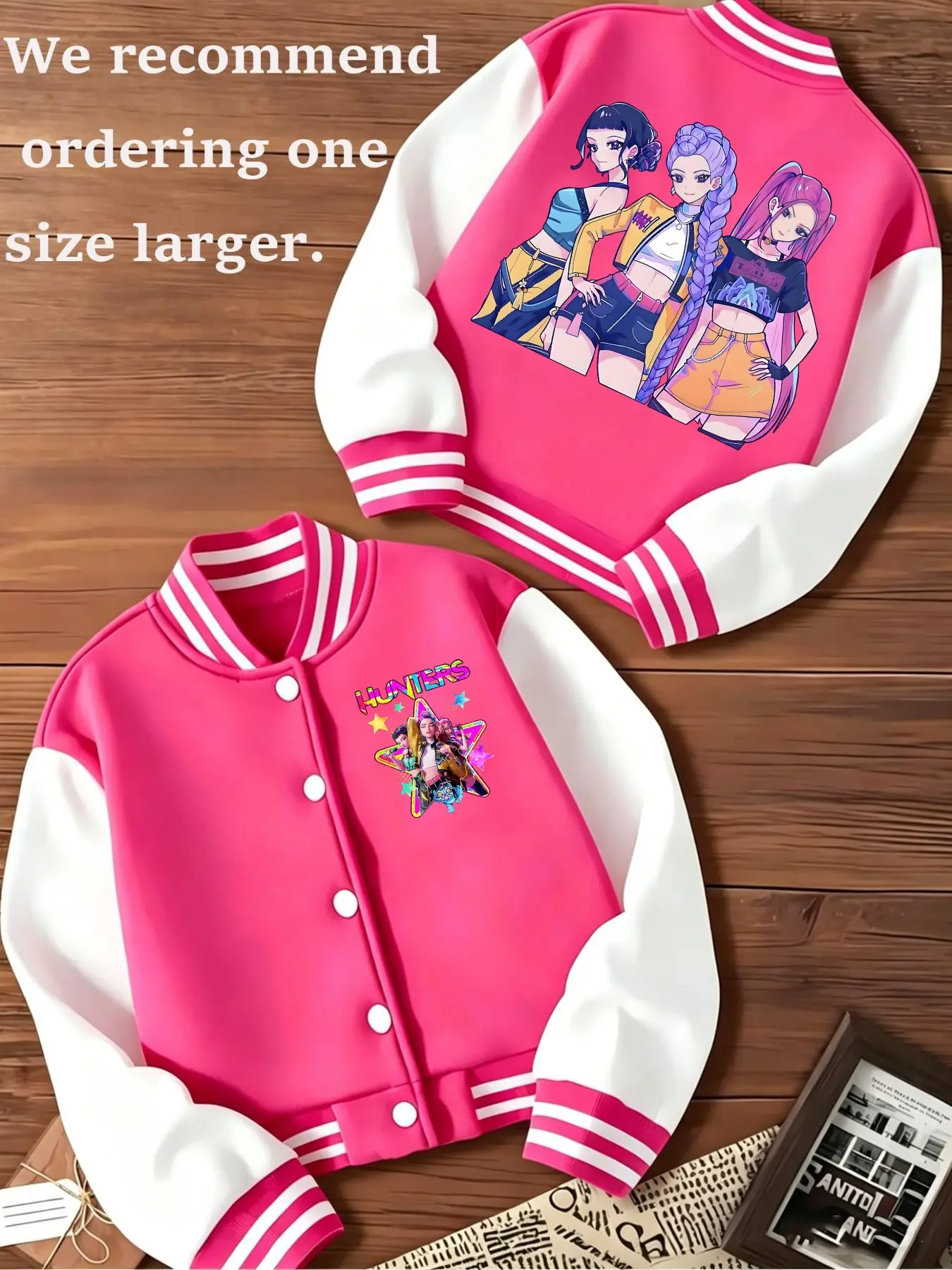 Girls' Short Baseball Jacket, Fun Cartoon Girl Pattern, Playful Prints, Elastic Fabric, Preppy Style, Fall & Winter Outerwear, Casual Cute Outerwear, Kids' Sports Clothing
