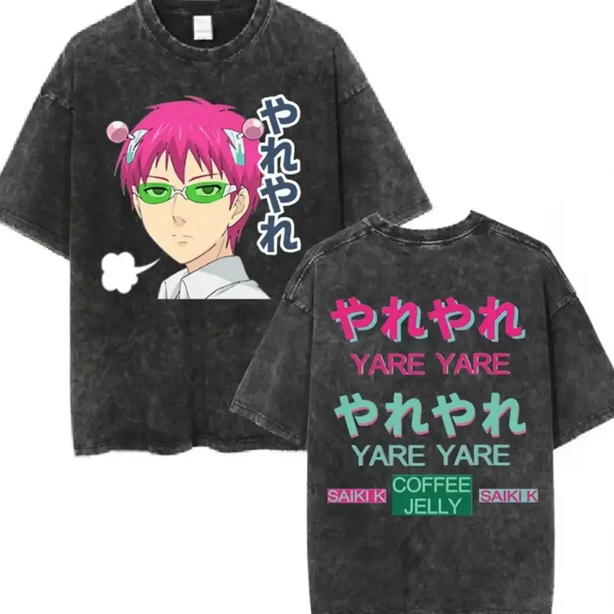 Men's Oversized T-Shirt, Saiki Kusuo Anime Graphic, Harajuku Streetwear Style in Soft Washed 100% Cotton, Loose Fit Short-Sleeve Top, Tops, Apparel, Seamless, Round Neck, Menswear, Classic, Shortsleeve