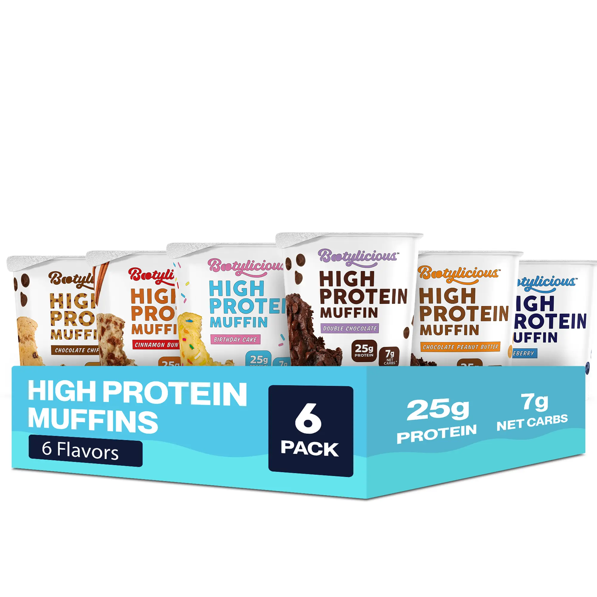Bootylicious High Protein Bake Muffins, Variety 6 Pack | 25g Protein, High Fiber, 7g Net Carbs*, 200 Calories or Less | Baking Snack