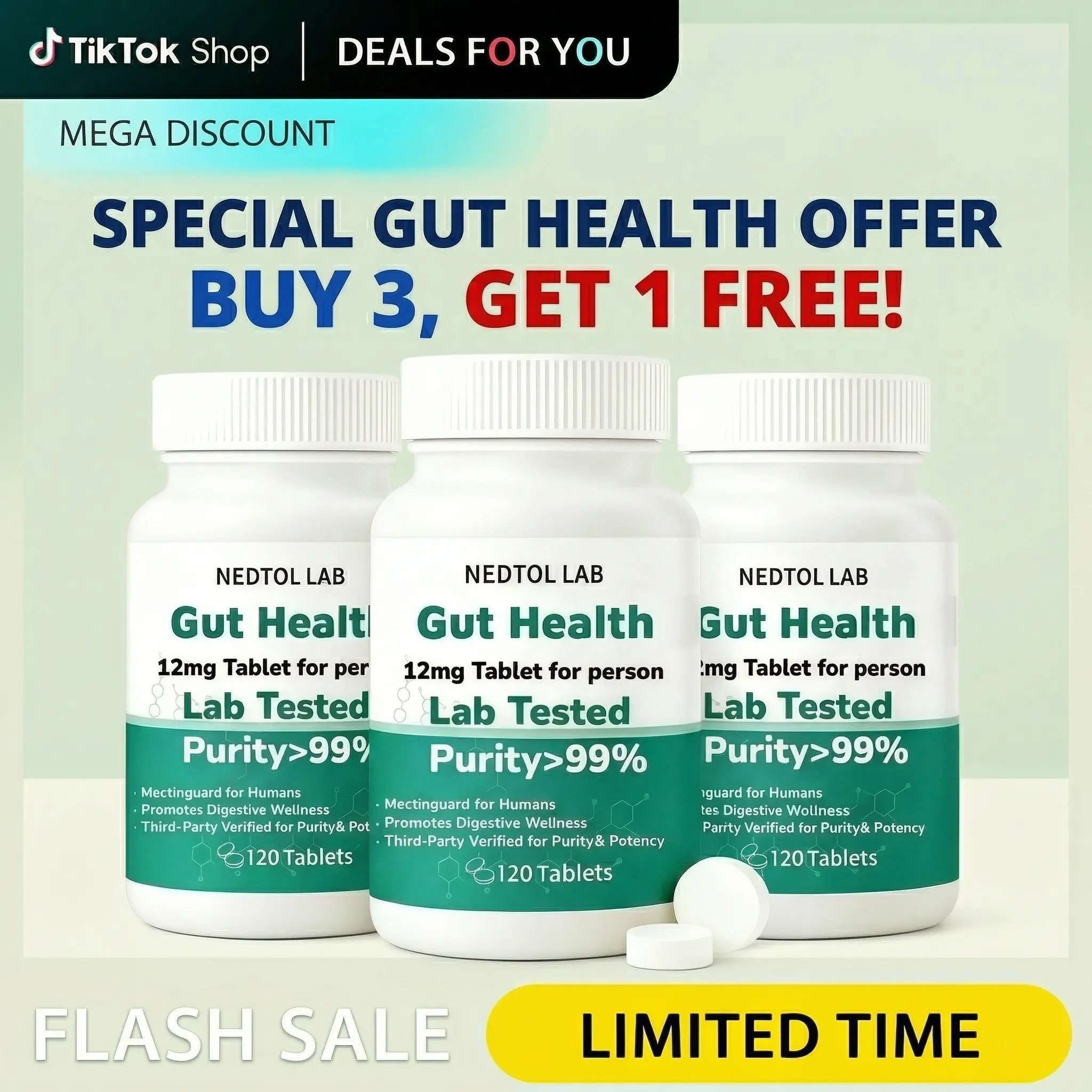 LAB IVM 12 Daily Wellness Tablets - 99% Pure Probiotic Dietary Supplement with 444mg Fen, for Intestinal & Digestive Wellness, Fen444mg