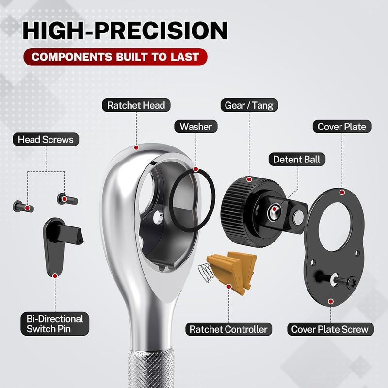 Ratchet Set, 1/4", 3/8", 1/2" Drive Ratchet Stubby Handle Wrench, 72-Tooth Quick-Release Reversible Wrench Set, Professional Hand Tool