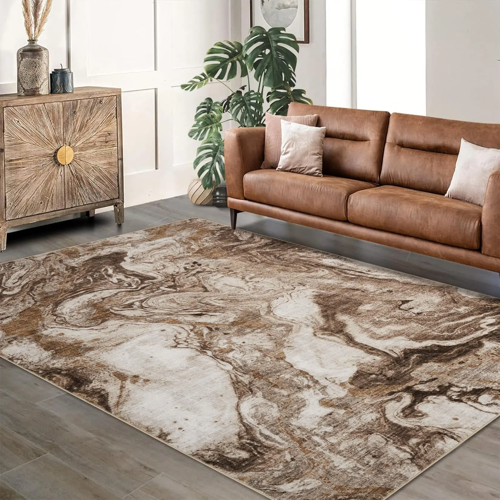 GARVEE 5'x7' Area Rug for Living Room, Soft Modern Abstract Boho Design, Washable Large Machine-Made Non-Slip Faux Wool Vintage Carpet for Bedroom, Farmhouse, Dining Room, Kids Room in Caramel