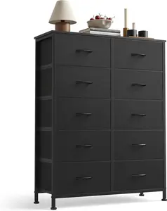 10 Drawer Fabric Dresser Storage Tower with Bins, Tall Chest Organizer for Bedroom Closet Hallway, Steel Frame Wood Top Easy Pull Handles,Black