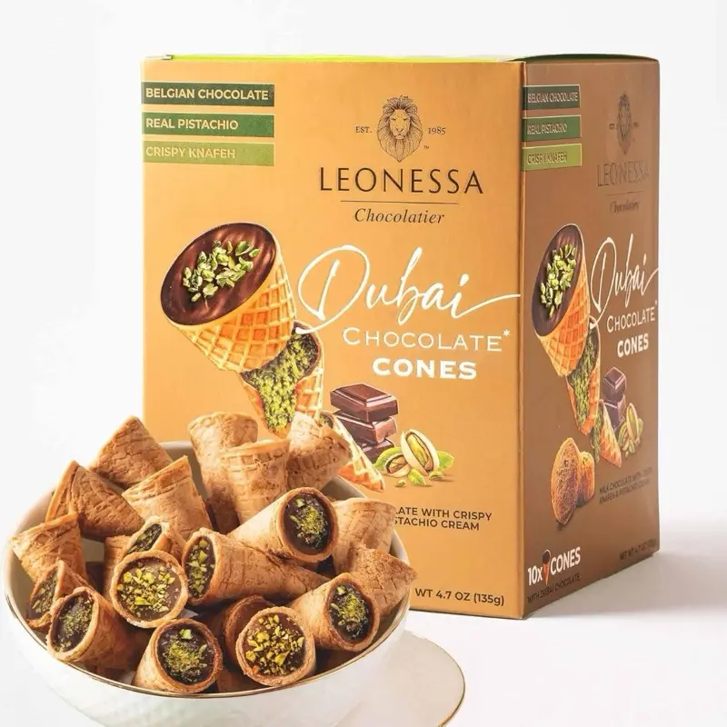 Dubai Chocolate Cones Snack - 4.7 oz Box (10 Bites), Milk Chocolate With Pistachio Cream & Kunafa Crunch, Real Nuts Vegetarian Dessert for Outdoor Fun, All Ages, 10 Cones