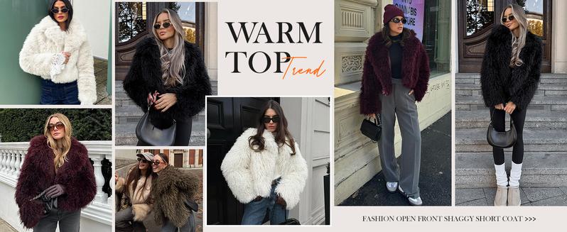Faux Fur Jacket for Women Lapel Cropped Furry Coat 2026 Spring Fluffy Faux Fur Jacket Long Sleeve Winter Open Front Shaggy Parka Outerwear Casual Womenswear with Side Pockets-Cocktail Elegant Festival