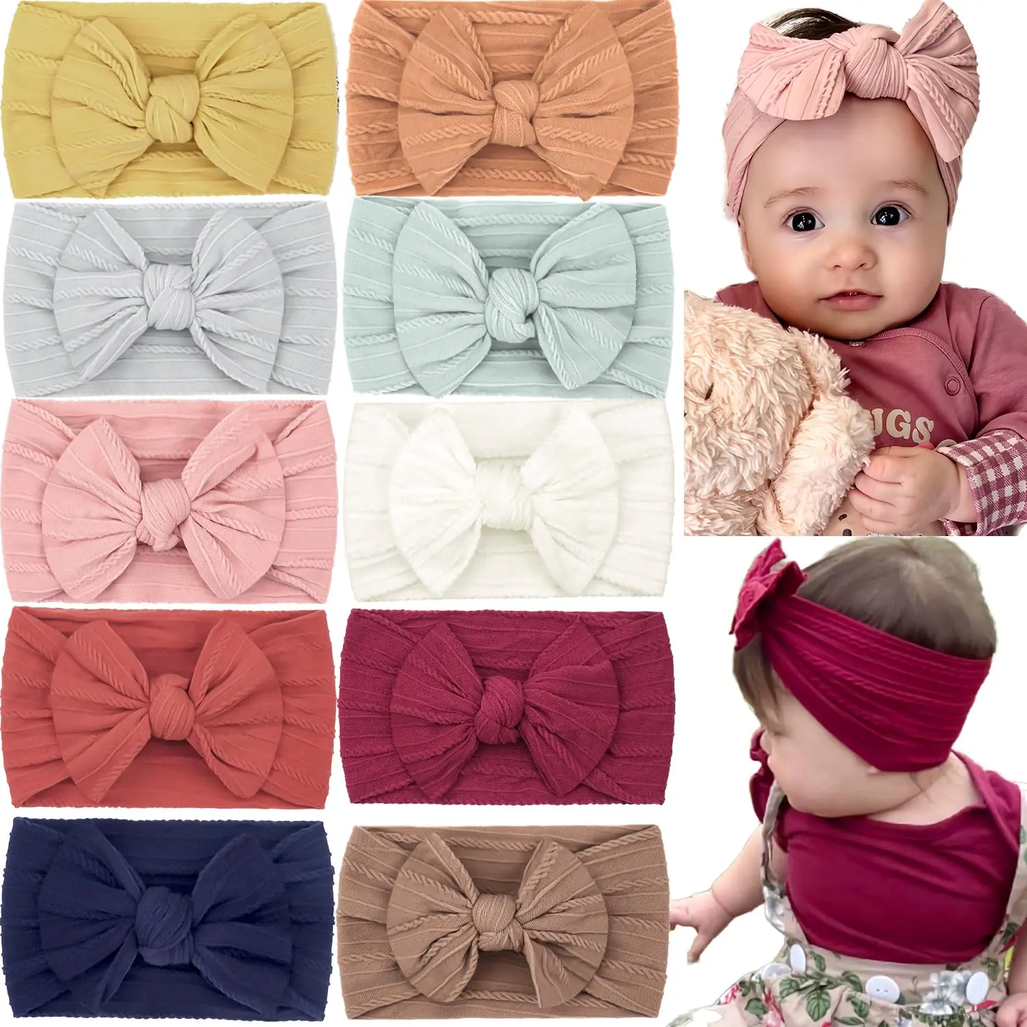 10Pcs Elastic Bow Headbands for Newborn to 8y Adorable Kids, Super Stretchy Soft Knot Hair Wraps, Party Ready Baby Bun Hair Accessories, Solid Bow