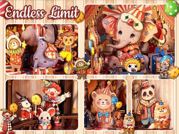 CUTEBEE DIY 3D Puzzle Kit Animal Carnival – Wooden Rotating Miniature Theater Music Box with LED Light, Handmade Creative Home Decor | Holiday, Christmas and Black Friday Gift