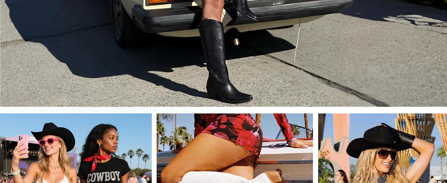 Western Cowboy Boots for Women - Knee High Wide Calf Cowgirl Boots, Slip On Pointed Toe Chunky Heel Fashion Retro Classic Pull On Tall Boot for ladies Party concert