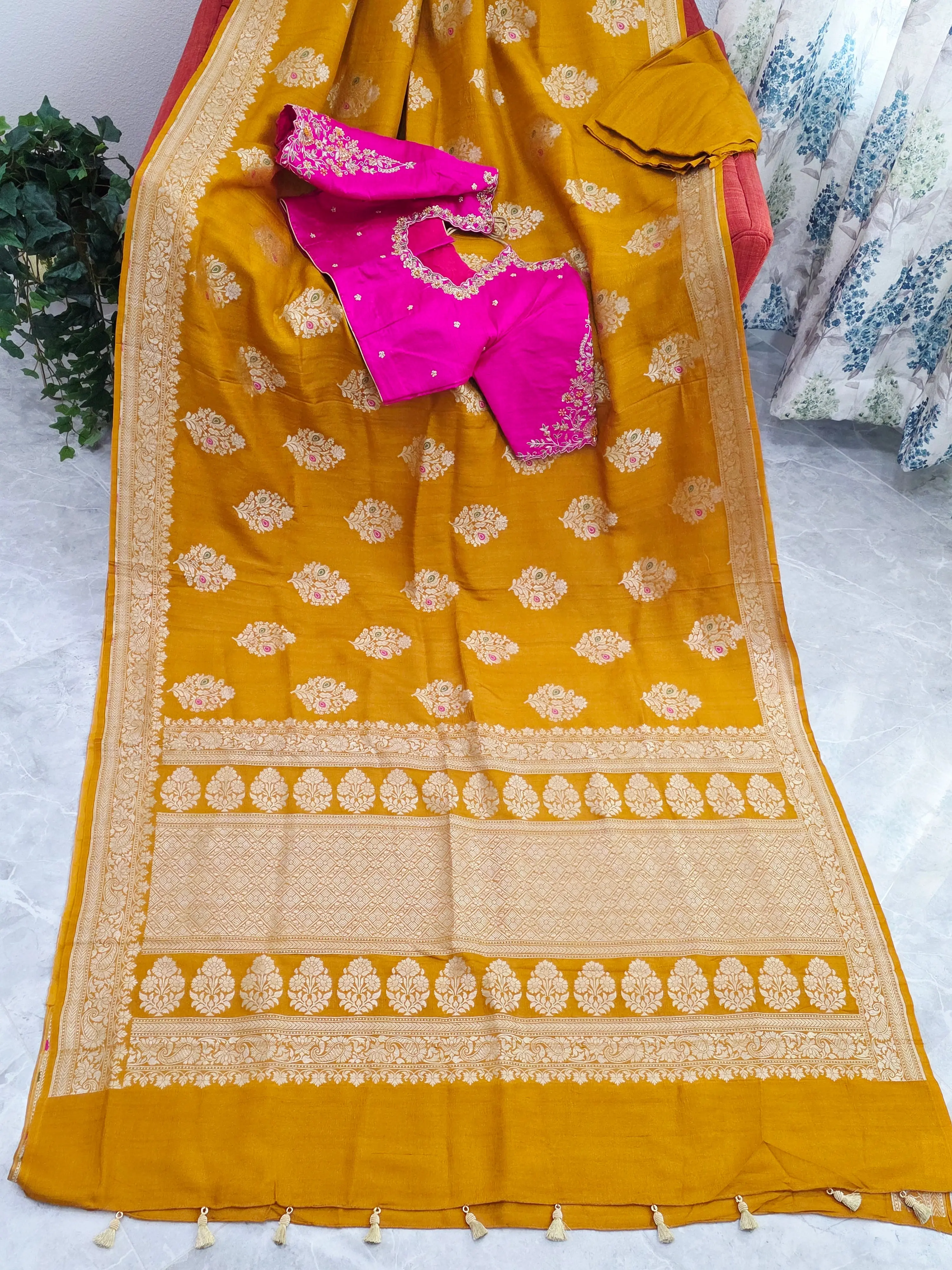 Imperial Mustard Gold Pure Tussar Georgette Saree with Antique Ivory Zari & Maggam Blouse