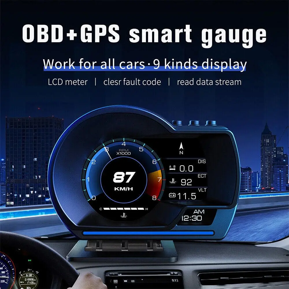 Car OBD2+GPS Head Up Digital Display for OBD2-enabled cars (2008+), KM/H MPH with OBD Multifunctional LCD Ambient Light Multi-Function Display Auto Car Accessories OBD2GPS,SummerVibes