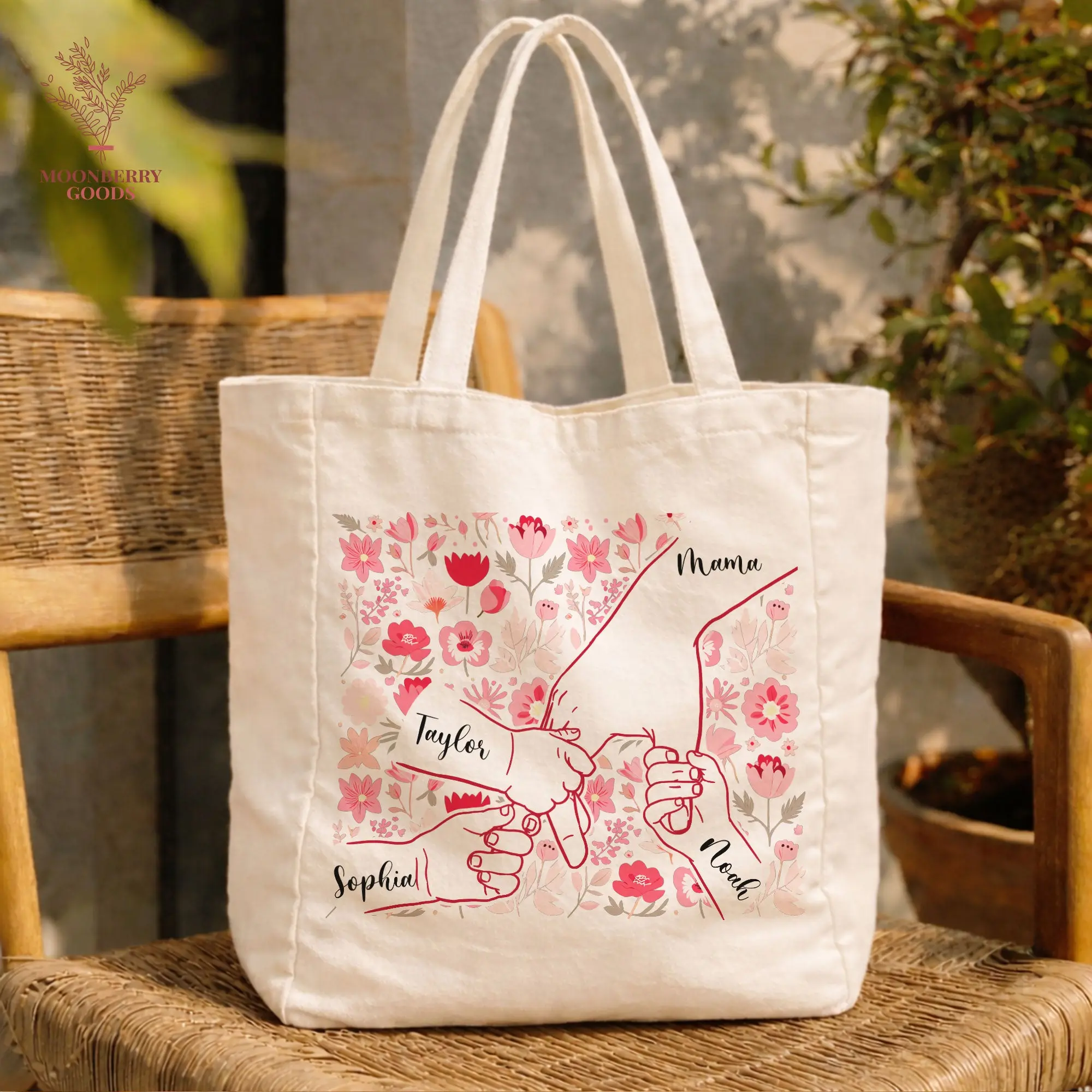 Personalized Holding Mom's Hand 10oz Tote Bag, Custom Mothers Day Gift, Mama Birthday Gifts, Floral Mom Gifts with Kids Names, New Mom Gift