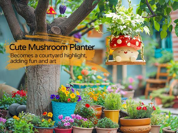 Mushroom Smiley Face Hanging Planter Pot with Drainage, Gardening Plant Gifts for Women Mother Plant Lovers - 3.9inch Opening