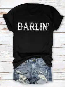 Darlin Women'S Minimalist Letter Round Neck T-Shirt with a Western Style