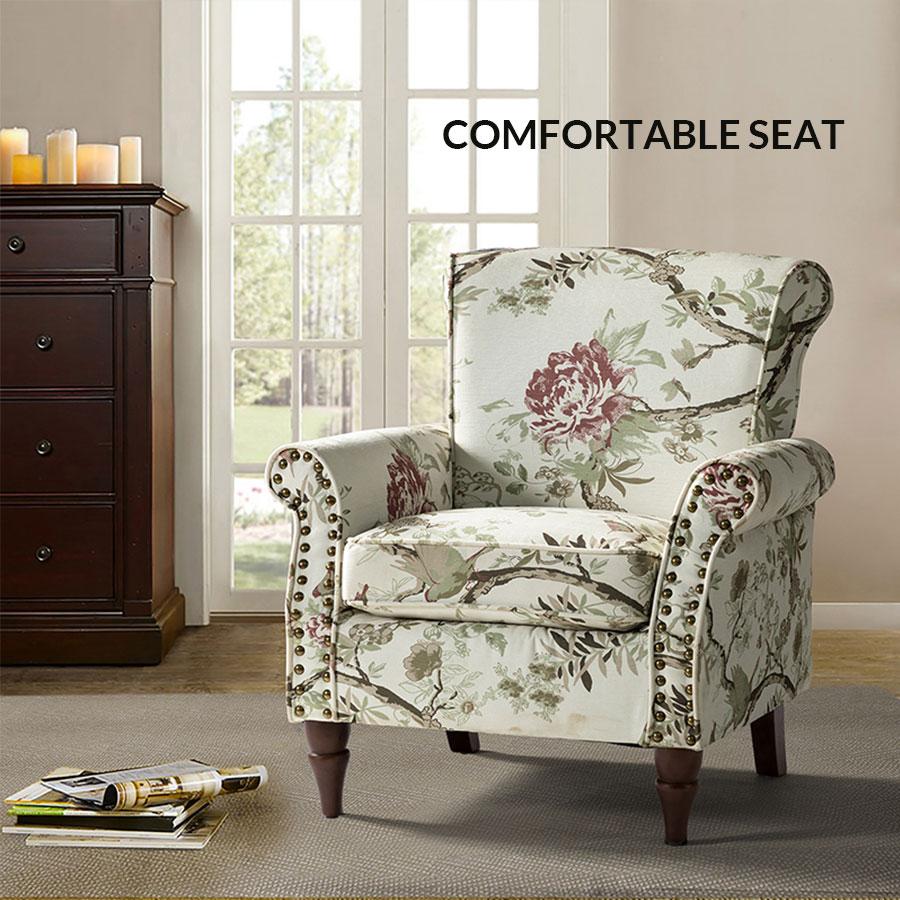Hulala Artemisa Modern Floral Pattern Upholstered Armchair, Charming accent armchair, Classic rolled arms and seatback, Delicate nailhead trim, Solid wood legs and sturdy wooden frame, Textured polyester upholstery and pocket spring, Contemporary