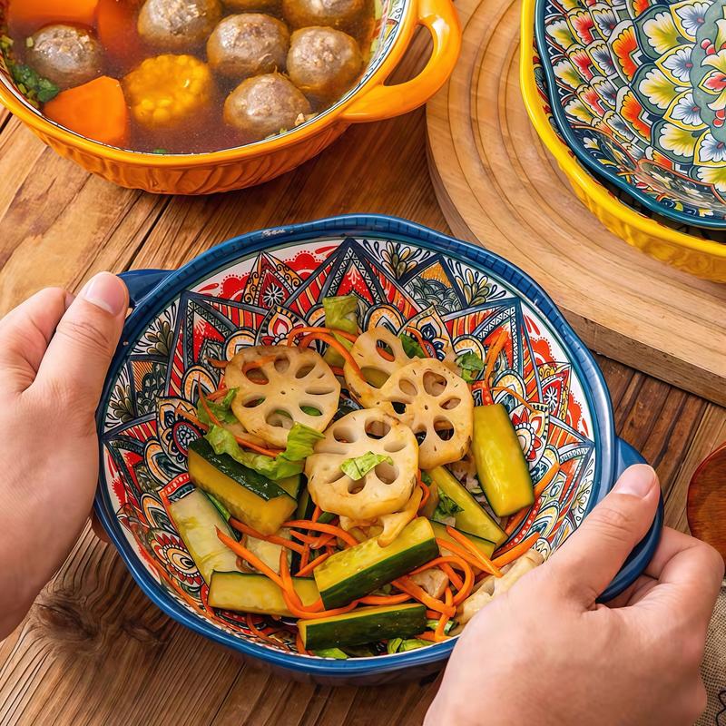 4 Piece Boho Ceramic Serving Bowls with Handles, 22 Oz Porcelain Salad Bowls, Large Serving Dishes for Entertaining, Mixing Bowls for Stew, Pasta, Cereal, Cute French Onion Soup  Bowls Set