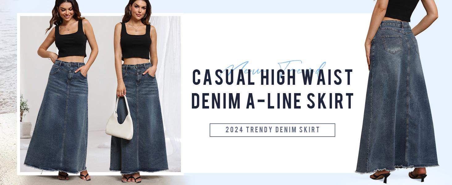 Chouyatou Women's Retro High-Waisted Denim Maxi Skirt A-Line Raw-Hem Denim Skirt with Pockets Chouyatou Women's Retro High-Waisted Denim Maxi Skirt A-Line Raw-Hem Denim Skirt with Pockets